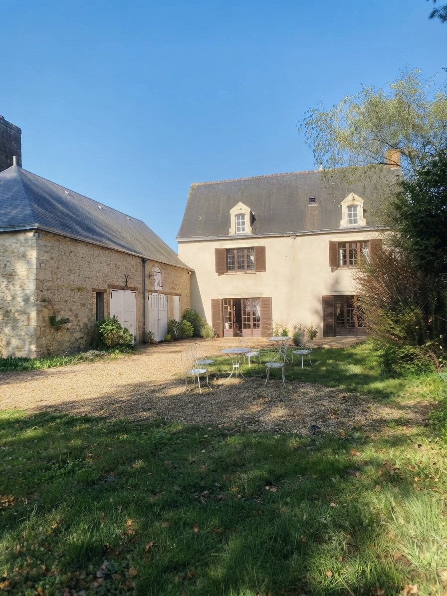 La maison vue depuis le jardin, ses volets bruns sous un ciel bleu