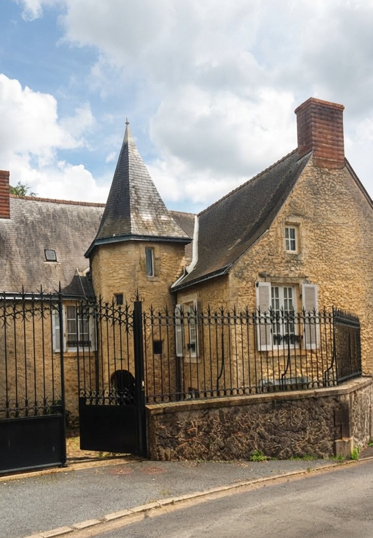 La tourelle en ardoise et la façade en pierre, côté rue