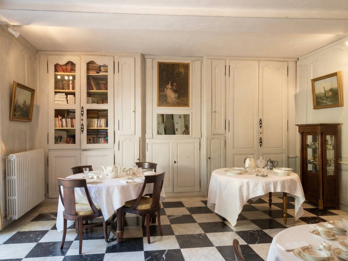 Tables dressées dans la grande salle, bibliothèques et boiseries