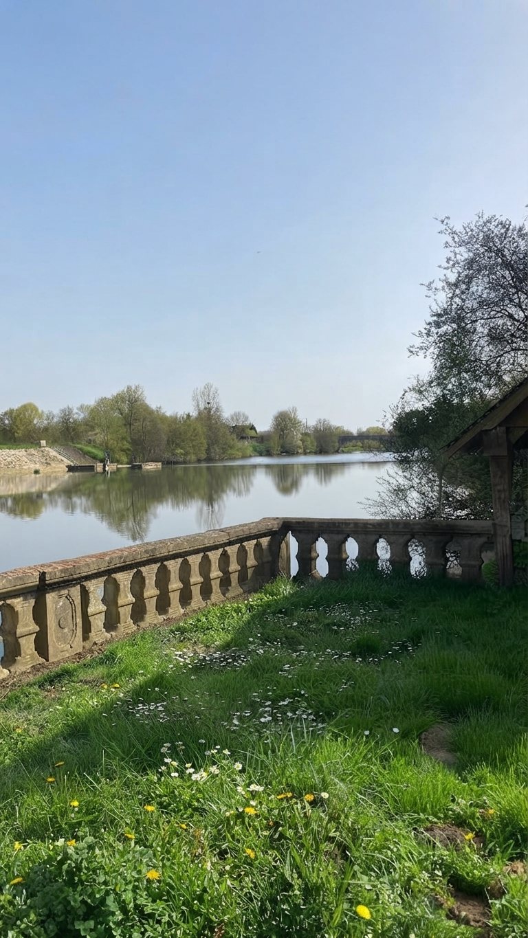 La Sarthe vue du jardin, avec sa balustrade de pierre