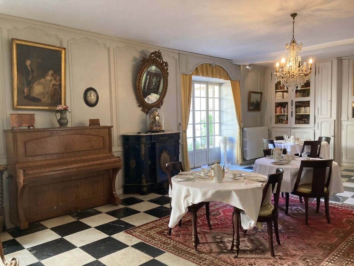 La grande salle : piano droit, lustre, table dressée et sol en damier