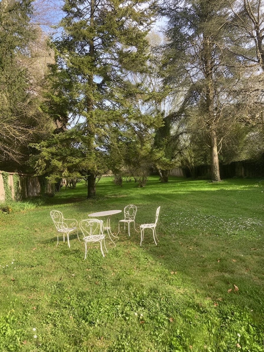 Le jardin, entre les grands arbres