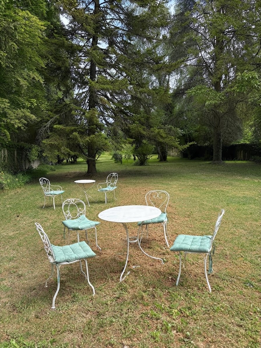 Salon de jardin en fer blanc à l'ombre des grands arbres